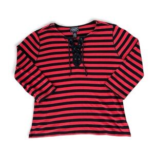 Chaps Classic Striped Red Black Laceup Top 100% Cotton